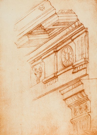 Kroonlijsten, entablementen en kapitelen; tekening door Michelangelo door Michelangelo Buonarroti